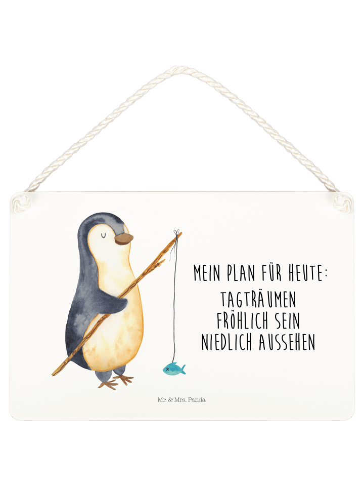 Wandbild Holz Pinguin Angler mit Spruch in Weiß