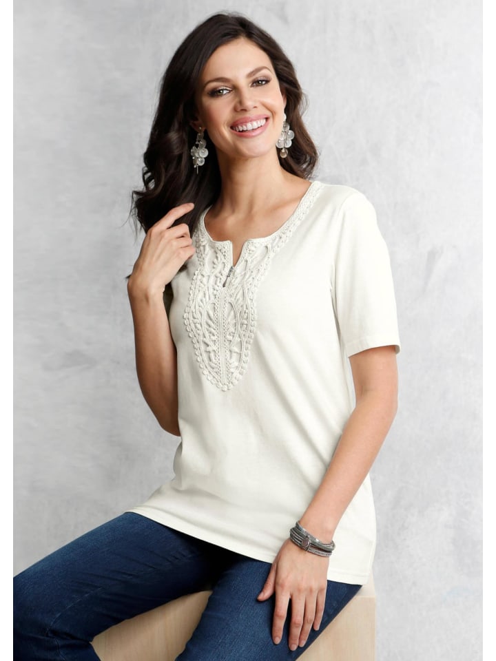 Kurzgröße: Elegantes Jerseyshirt mit Rundhals in cremeweiß