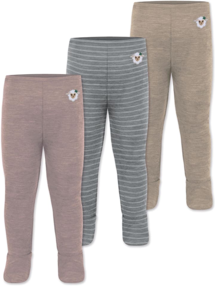 3er Pack Baby Merino Unterhose mit Füßen in Beige/Grau/Rosa