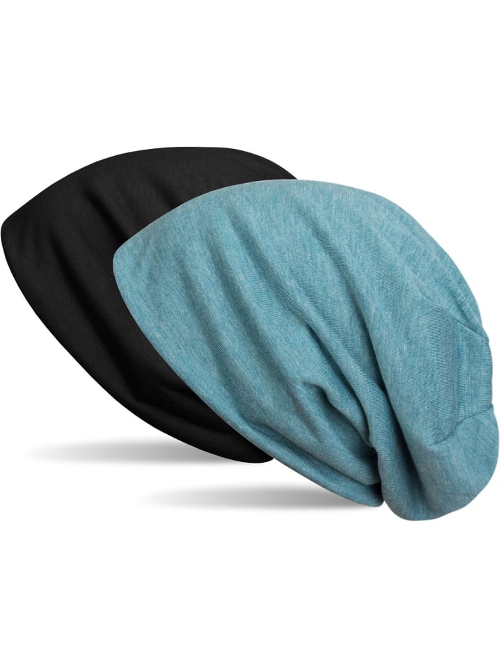 Wende Beanie Mütze in Schwarz / Blau meliert