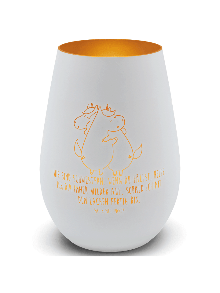 Windlicht Glas Einhörner Umarmen mit Spruch in Weiß