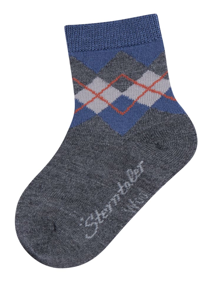 Socken Wolle Karo in dunkelgrau mel.