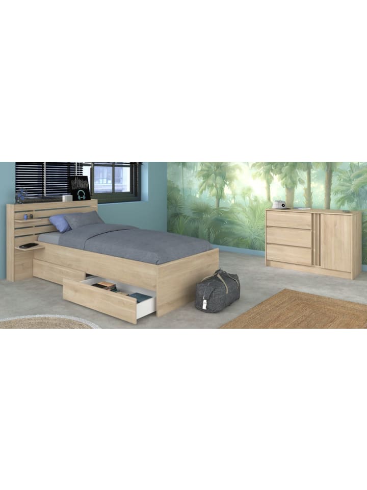 Schlafzimmer-Set Eiche japanisch, Set 2-teilig mit Stauraumbett und Kommode