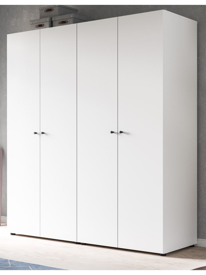 Kleiderschrank weiß 4-türig 160 cm, Drehtürenschrank mit Kleiderstangen