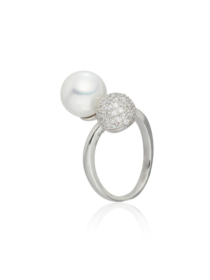 Perlen-Ring aus Messing mit Zirkonia und Muschelkernperle in silber
