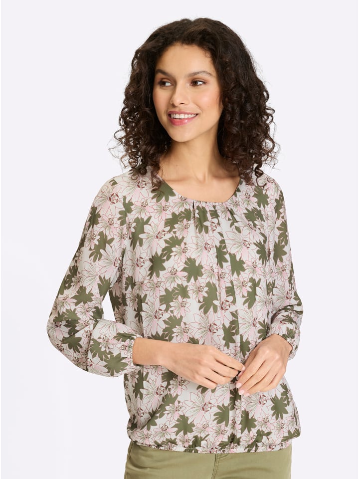 Druckbluse in weiß-oliv-bedruckt