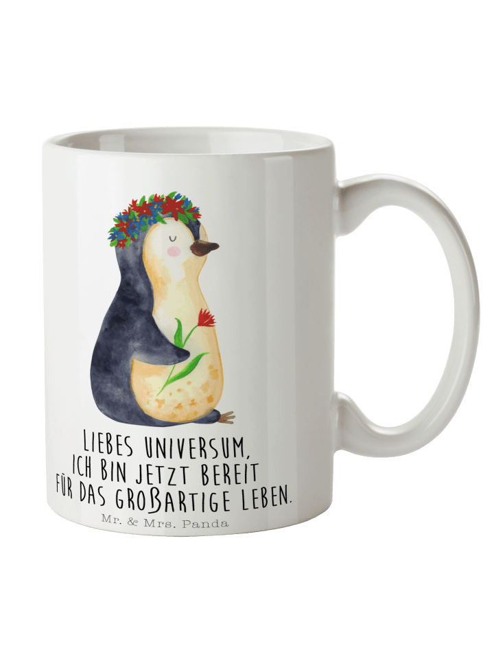 Kaffeetasse Pinguin Blumen mit Spruch in Weiß