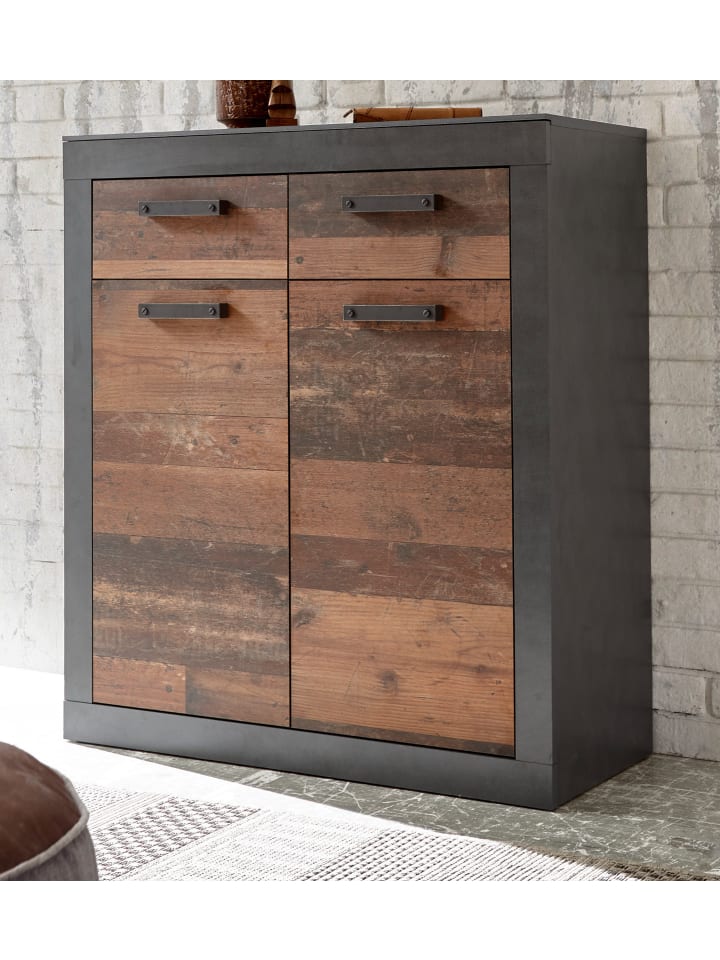 Kommode Used Wood, Matera grau 92 cm, Schuhschrank im Shabby-Design
