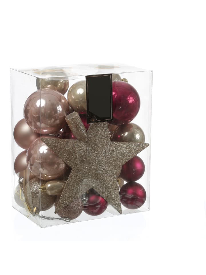 33er Set Weihnachtskugeln mit Stern Baumspitze bruchfest pink, rosa