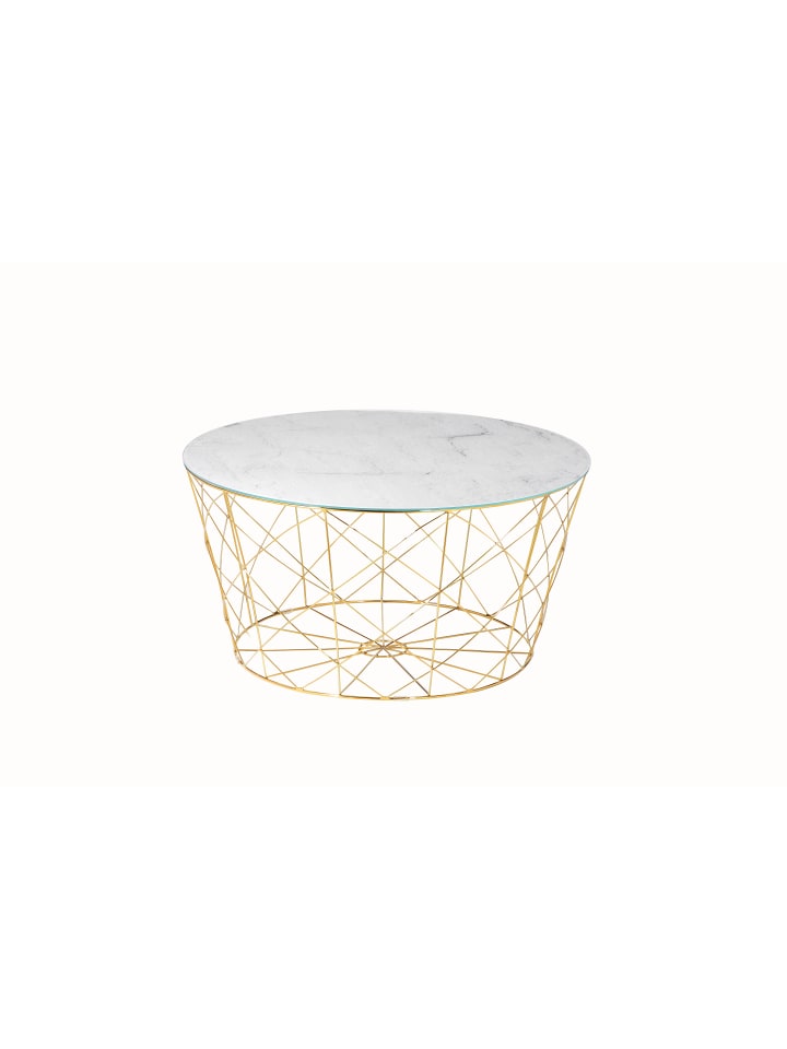 Couchtisch rund Ø 80 cm Glasplatte Marmoroptik Weiß Metallgestell in Goldfarben