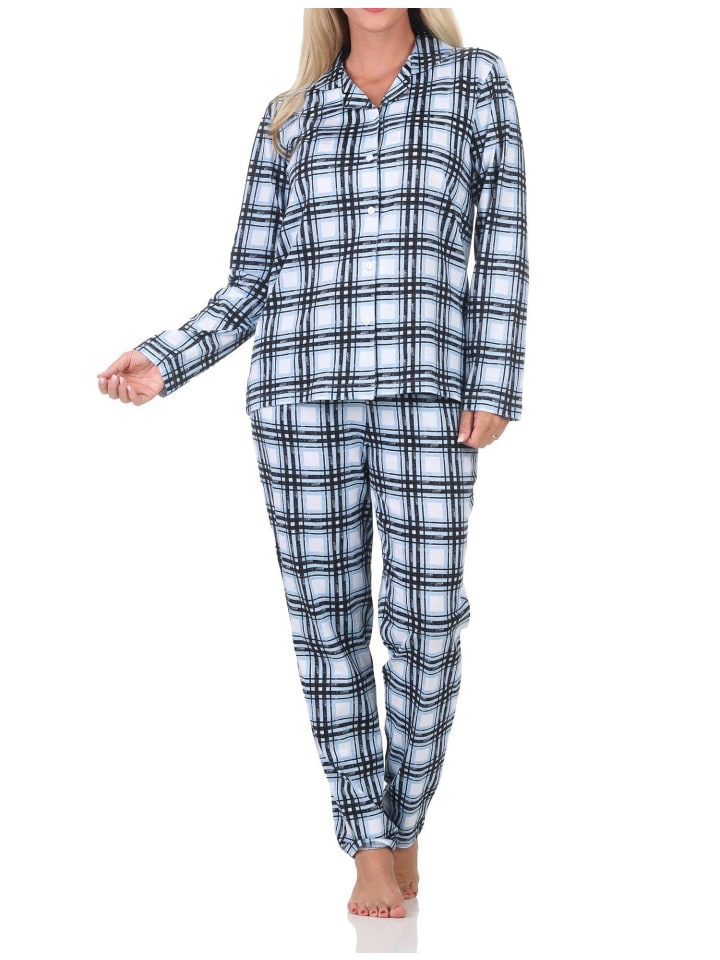 Langarm Jersey Pajama Karo Optik Übergröße in hellblau