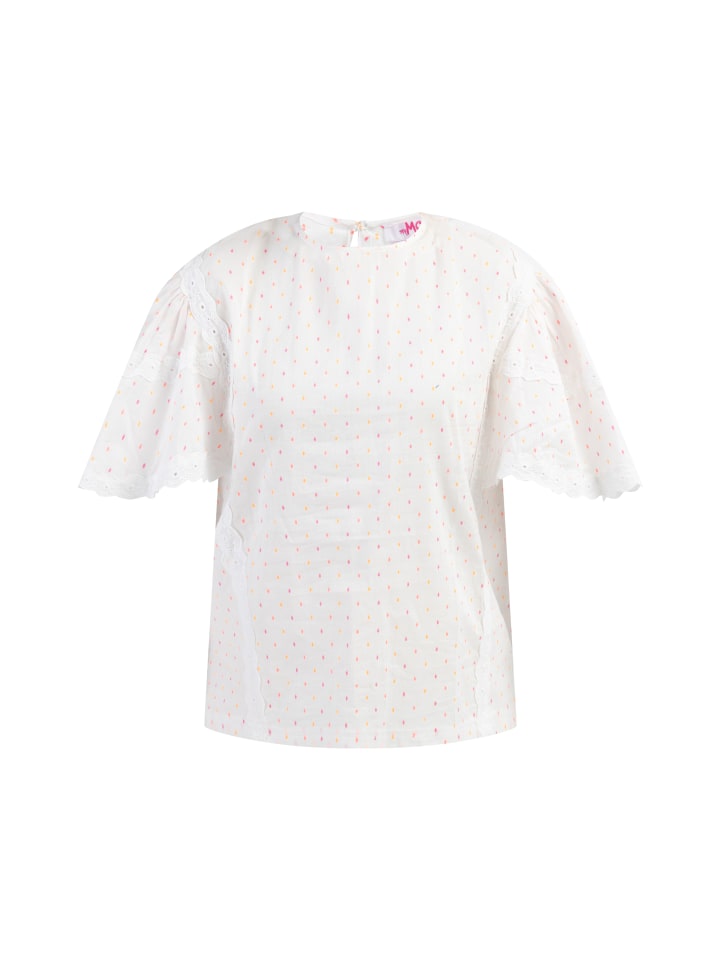 Damen Bluse Mit Spitze in Weiss Pinkorange Punkte