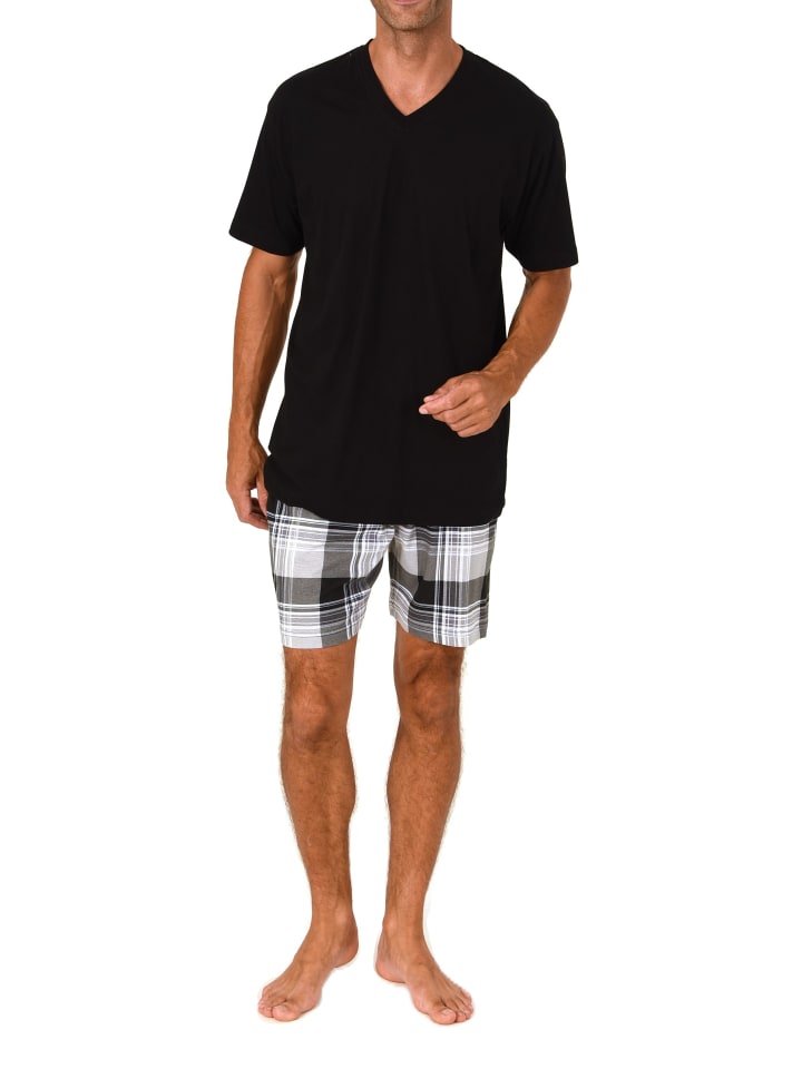 Schlafanzug kurzarm Shorty mit karierter Jersey Hose in dunkelgrau