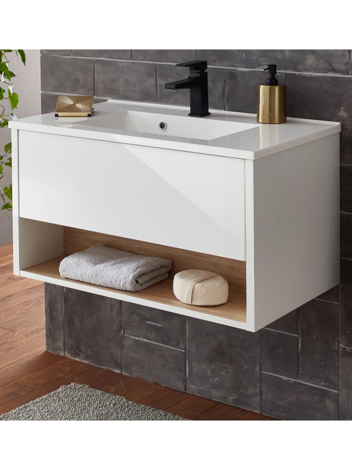 Waschtisch weiß Hochglanz, Eiche 80 cm, Waschbeckenunterschrank mit Waschbecken
