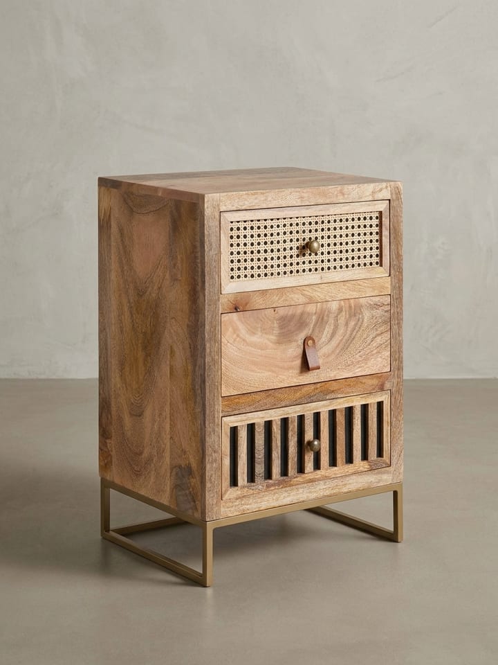 Industrial Nachttisch, Mango Massivholz/Rattan, 3 Schubladen