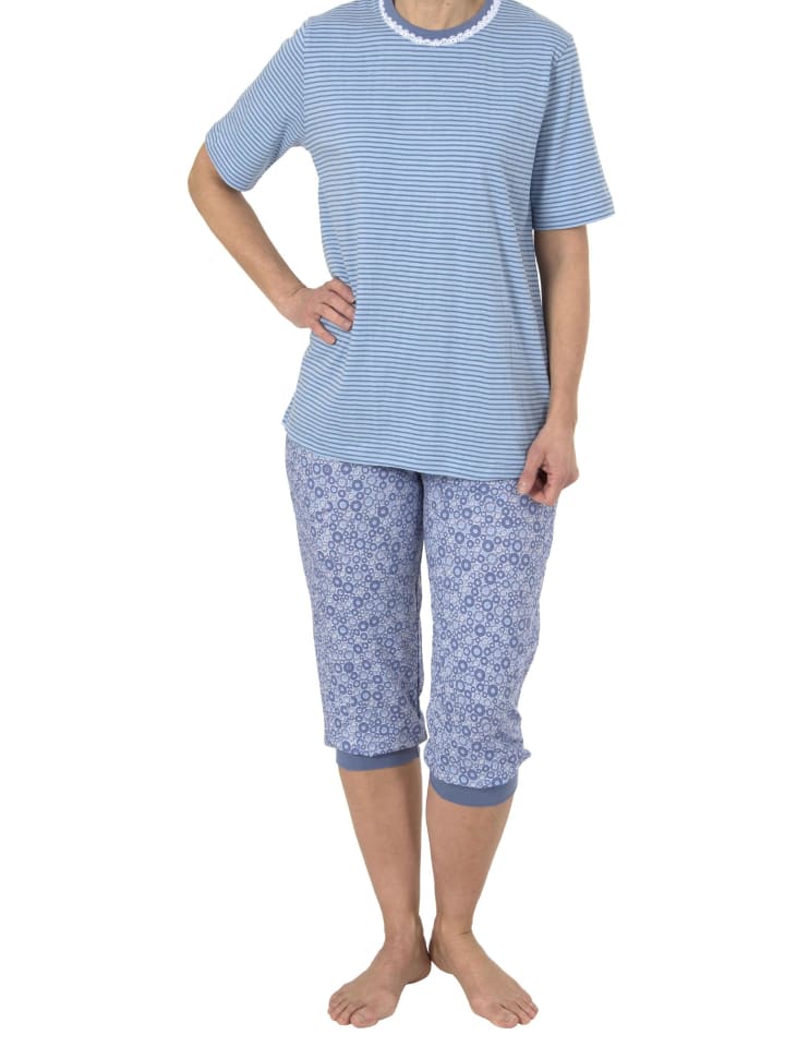 Capri Pyjama kurzarm und Spitzenbesatz - 44524 in blau