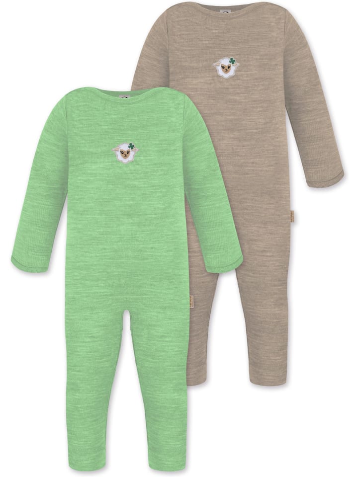 2er Pack Baby Merino Strampler Tangoio in Beige/Grün