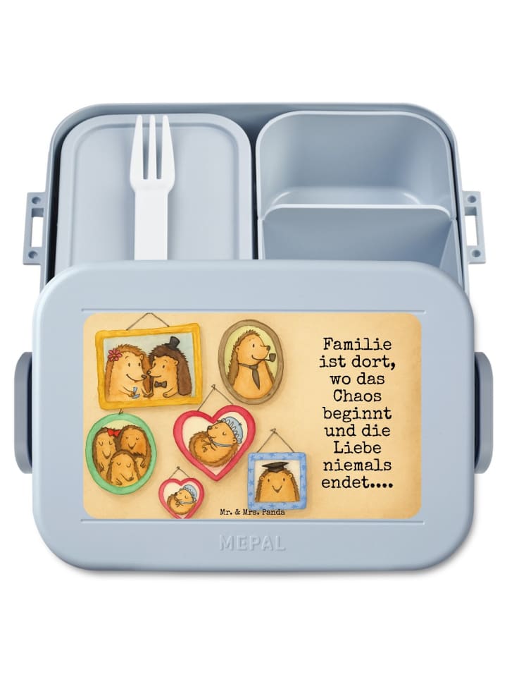 Bentobox Igel Familie Design mit Spruch in Blau Pastell