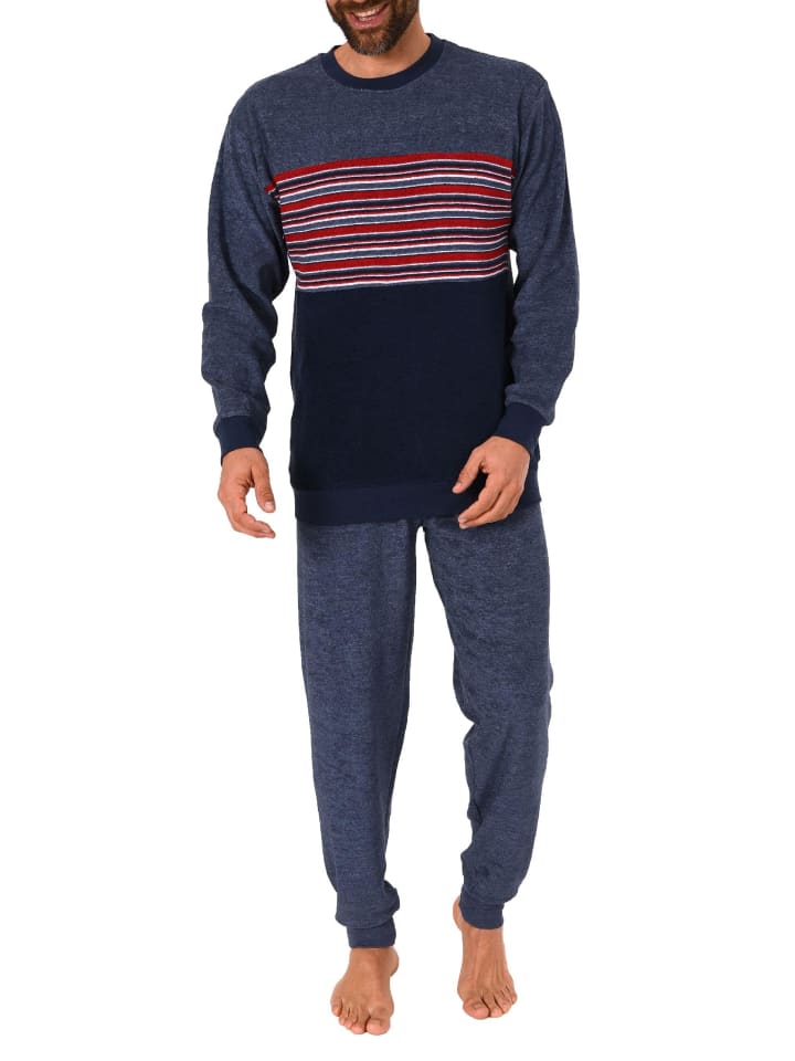 Frottee Pyjama Schlafanzug Bündchen und Rundhals - 51524 in blau