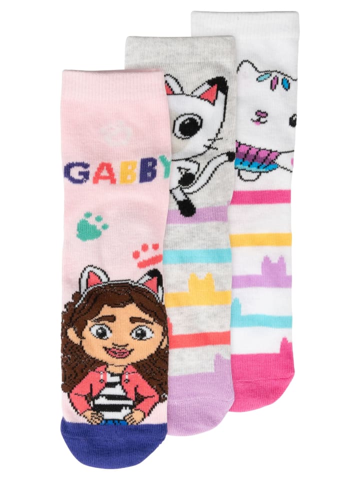 3er Pack Gabby's Dollhouse Socken Kindersocken Sneaker Söckchen in grau/rosa