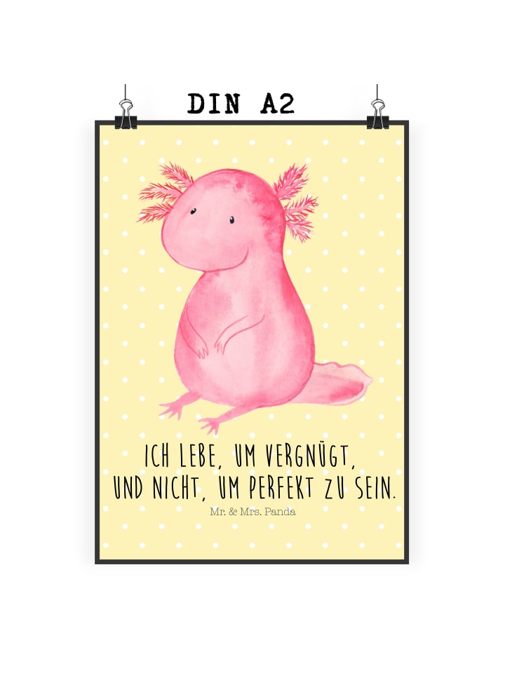 Wandbild Axolotl Niedlich mit Spruch in Gelb Pastell
