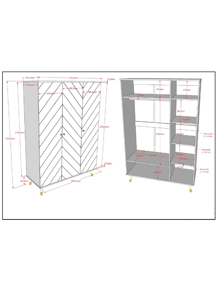 KLEIDERSCHRANK Kamillah 150x59x200 mit 3 Türen aus MDF in Satin Weiß
