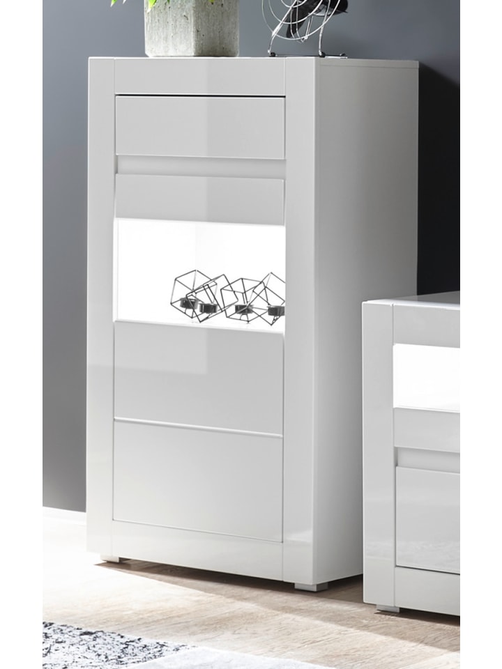 Vitrine Hochglanz weiß mit weiß / grau 66 cm, Kommode mit Soft-Close-Funktion