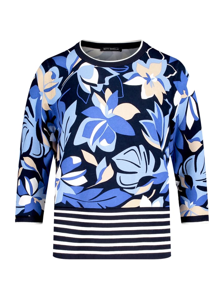 Feinstrickpullover mit Blumenprint in Dunkelblau/Blau