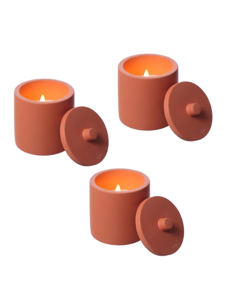 LED Kerzen im Topf mit Deckel Betonoptik H: 10cm in terracotta