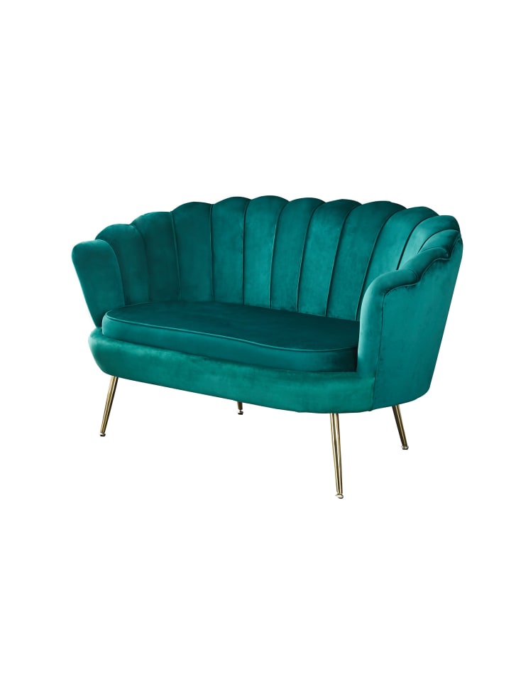 Muschelsofa 2-Sitzer elegant Beine Chrom goldfarben und Samtbezug in Grün