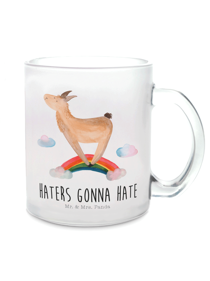 Kaffeebecher Lama Regenbogen mit Spruch in Transparent
