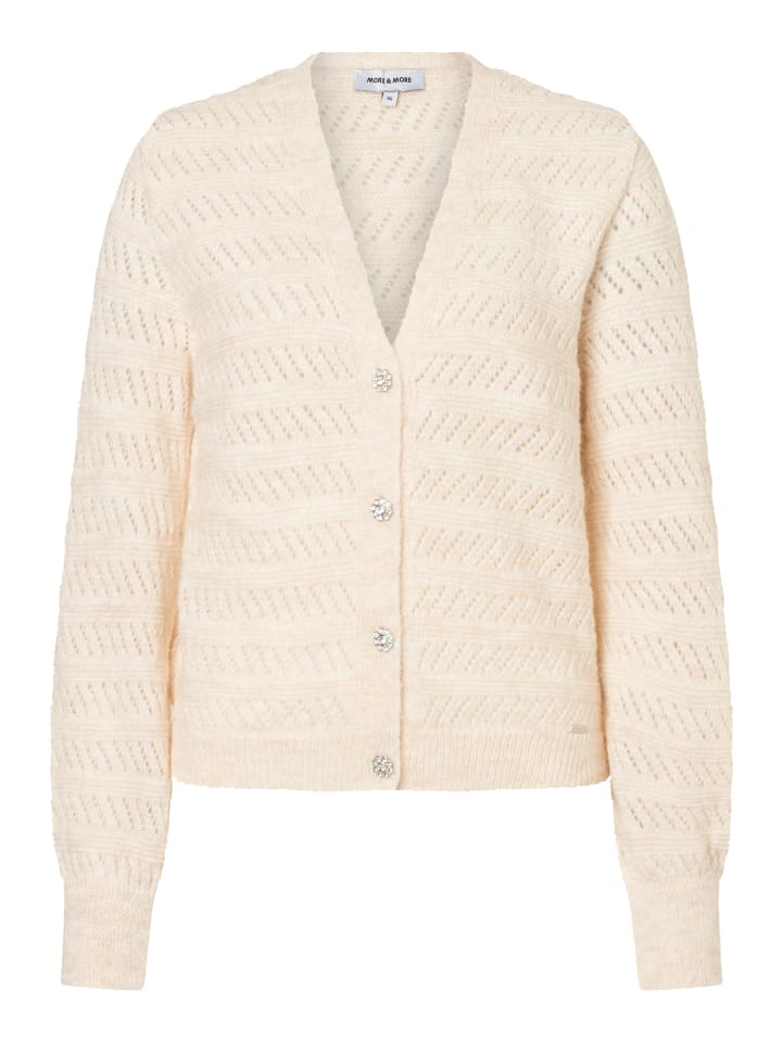 kurze Ajour-Strickjacke, Zierknöpfe in powder cream