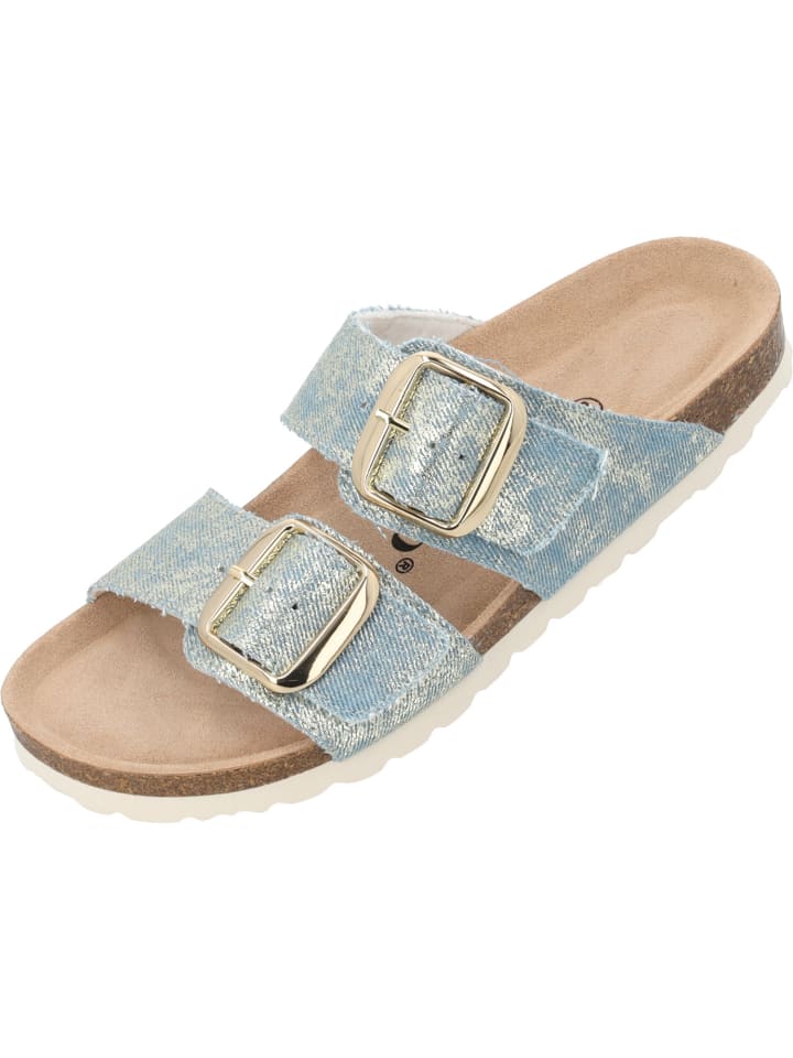 Pantoletten Samos GS Jeans in Hellblau/Gold