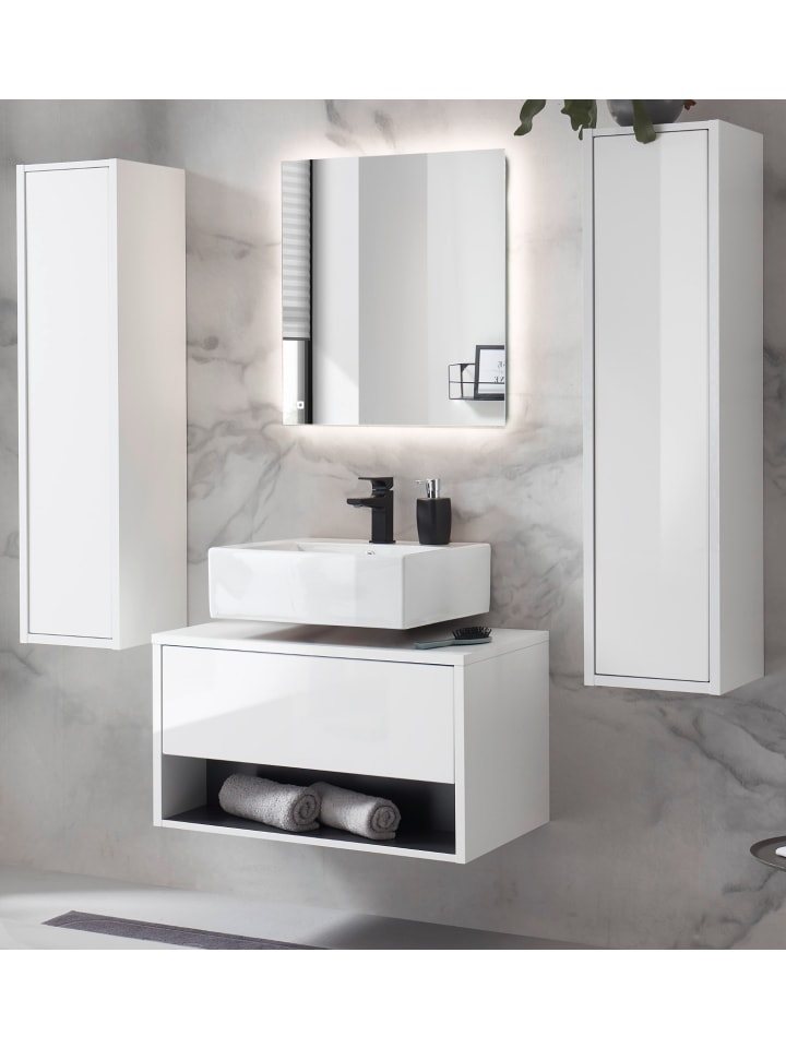 Badmöbel-Set 4-teilig weiß Hochglanz, grau 160 cm, Badezimmer mit Beleuchtung