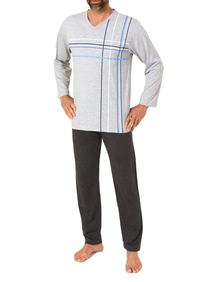 Schlafanzug langarm Frontprint - 88812 in grau
