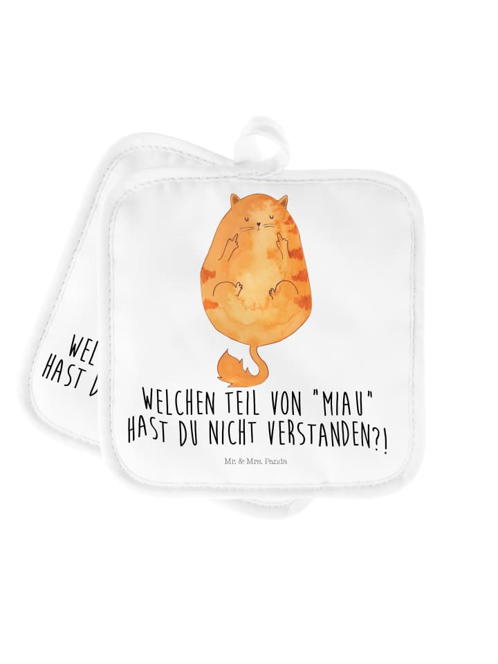 Topflappen Katze Mittelfinger mit Spruch in Weiß