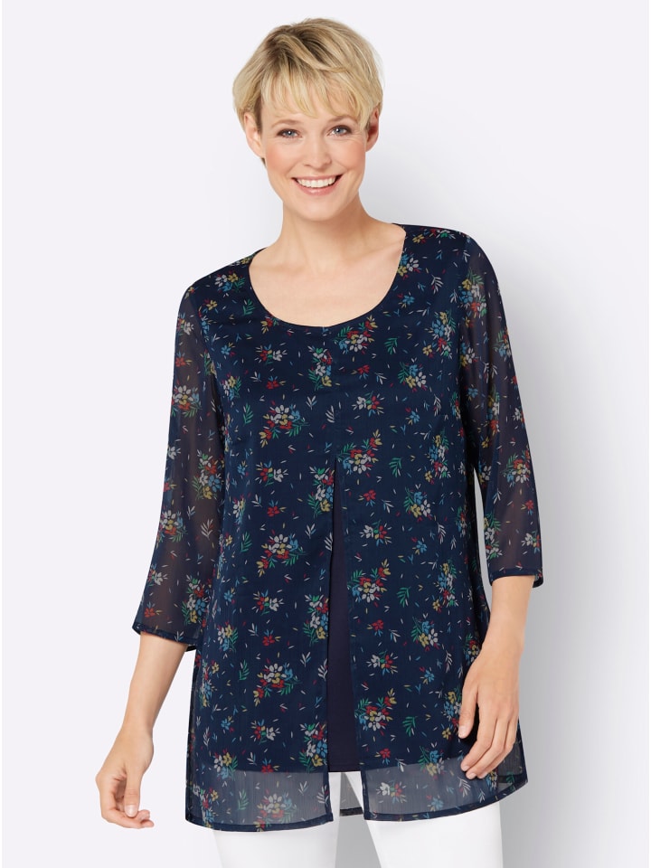 Longbluse in marine-pink-bedruckt