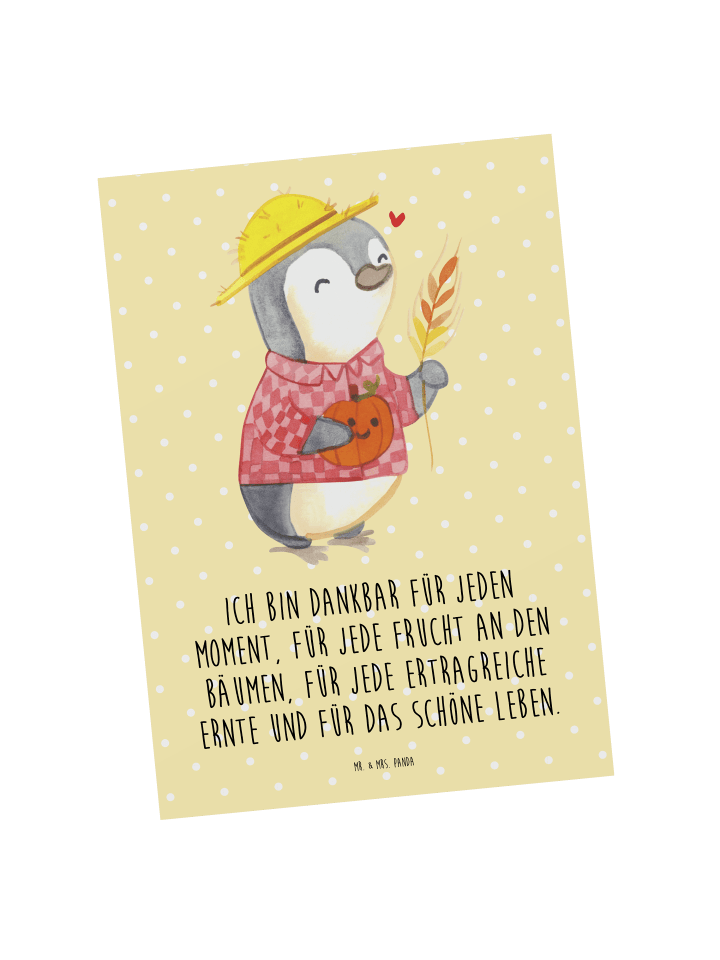 Postkarte Erntedankfest Pinguin mit Spruch in Gelb Pastell