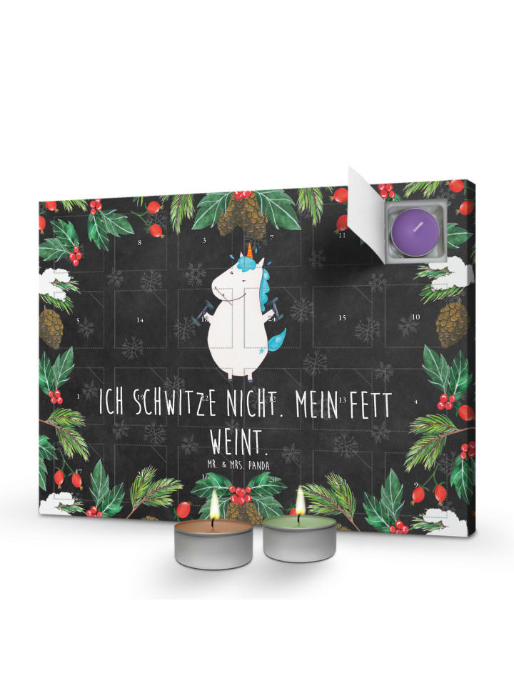 Adventskalender Einhorn Fitness mit Spruch in Kreidetafel