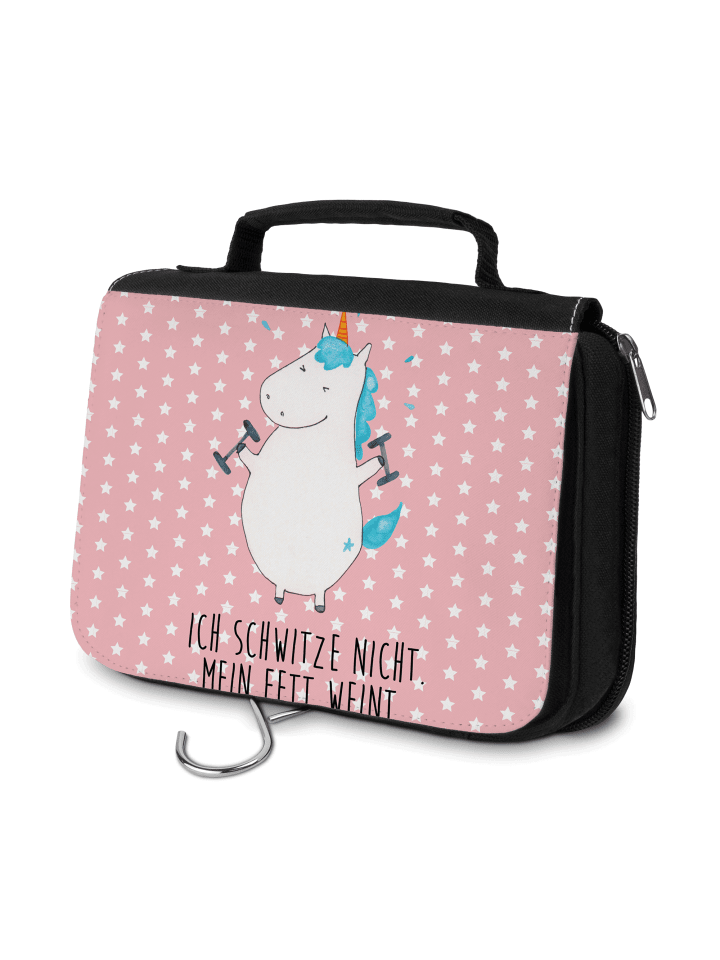 Kosmetiktasche Einhorn Fitness mit Spruch in Rot Pastell