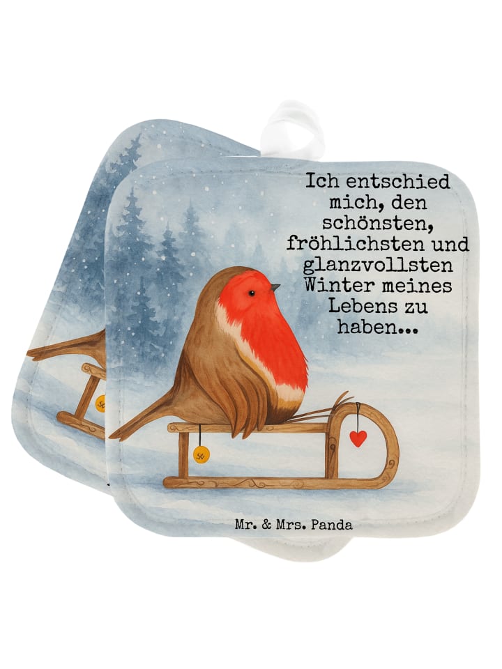 Topflappen Rotkehlchen Schlitten Design mit Spruch in Weiß