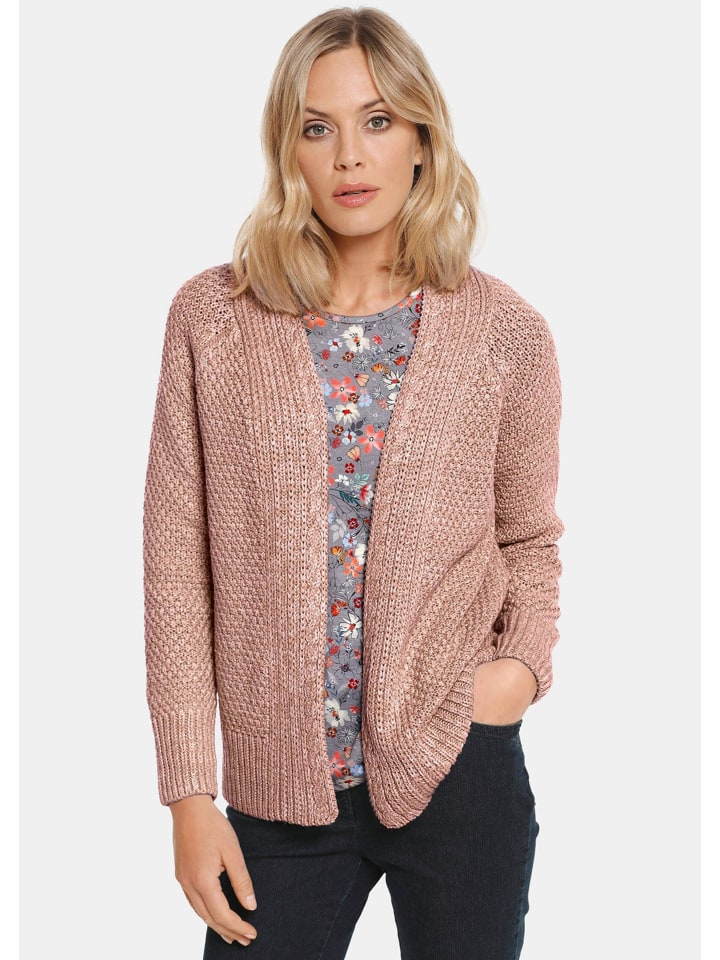 Kurzgröße: Elegante Grobstrickjacke, Zopfmuster in rosé / melange