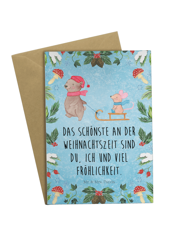 Klappkarte Bär und Maus Schlitten mit Spruch in Eisblau