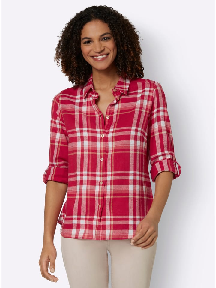 Flanell-Bluse in rot-camel-kariert