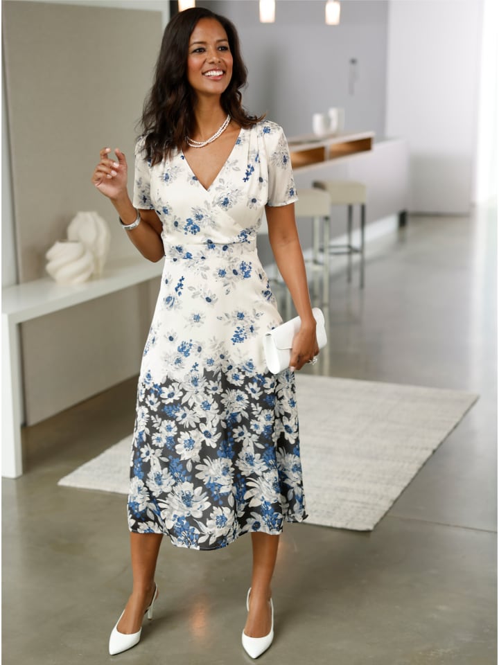 Druck-Kleid in champagner-marine-bedruckt