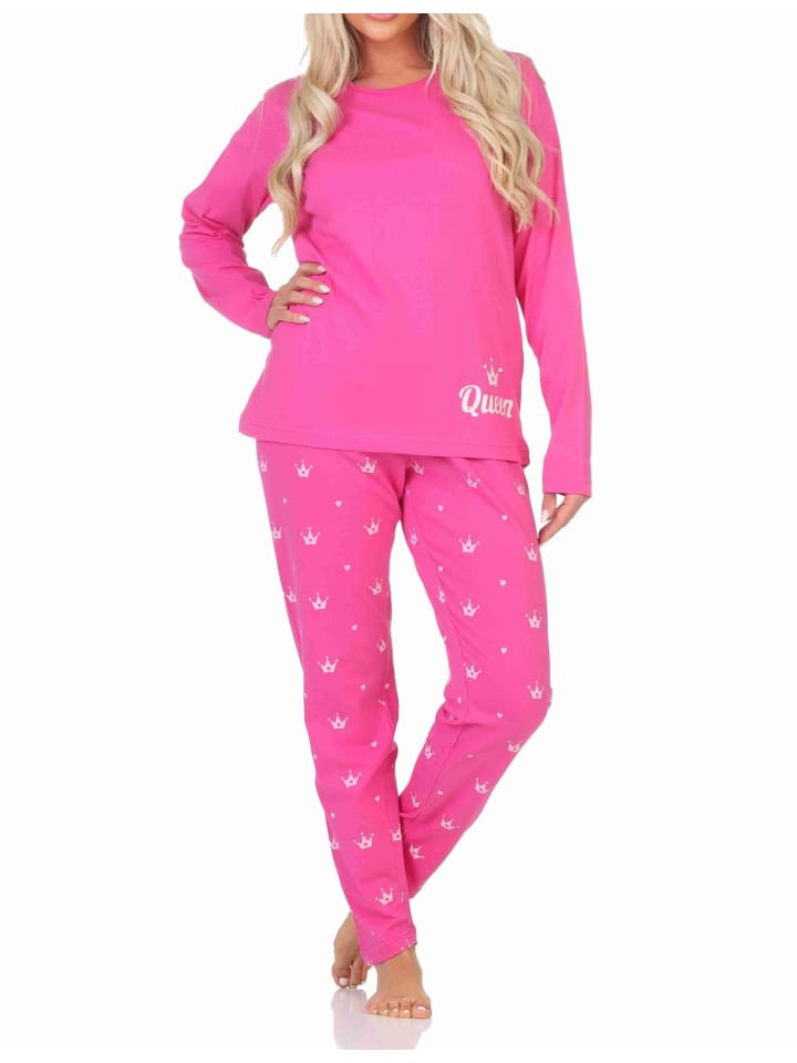 Schlafanzug Pyjama langarm Krone Motiv - 87997 in pink