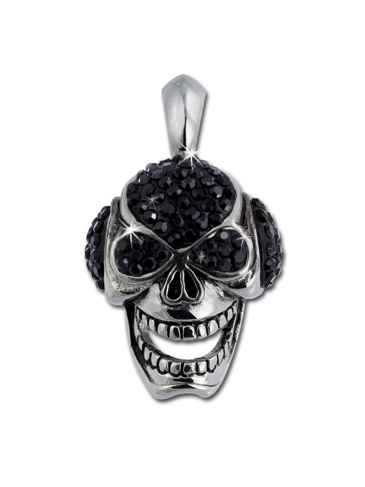 Kettenanhänger in Zirkonia, Edelstahl Totenkopf silber, schwarz