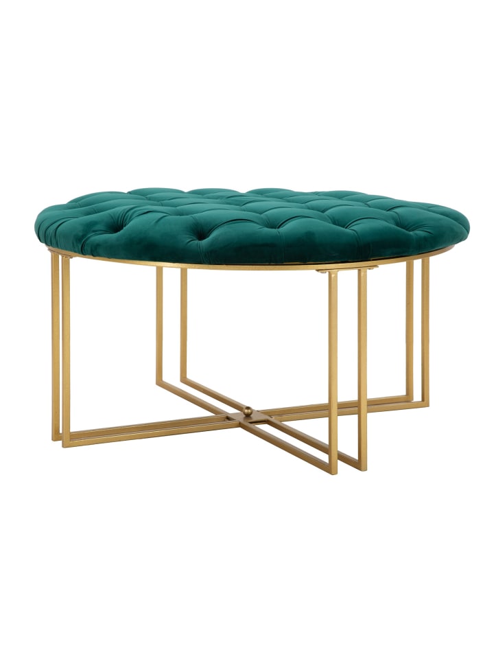 Pouf aus Metall, goldfarbenem und grünem Stoff, Ø 90 x 49 cm
