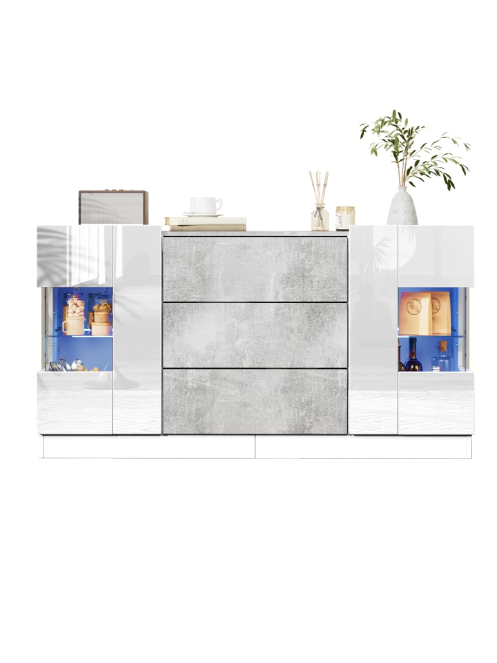 Sideboard in Hochglanzweiß mit LED Beleuchtung und Marmorlook 140x35 cm