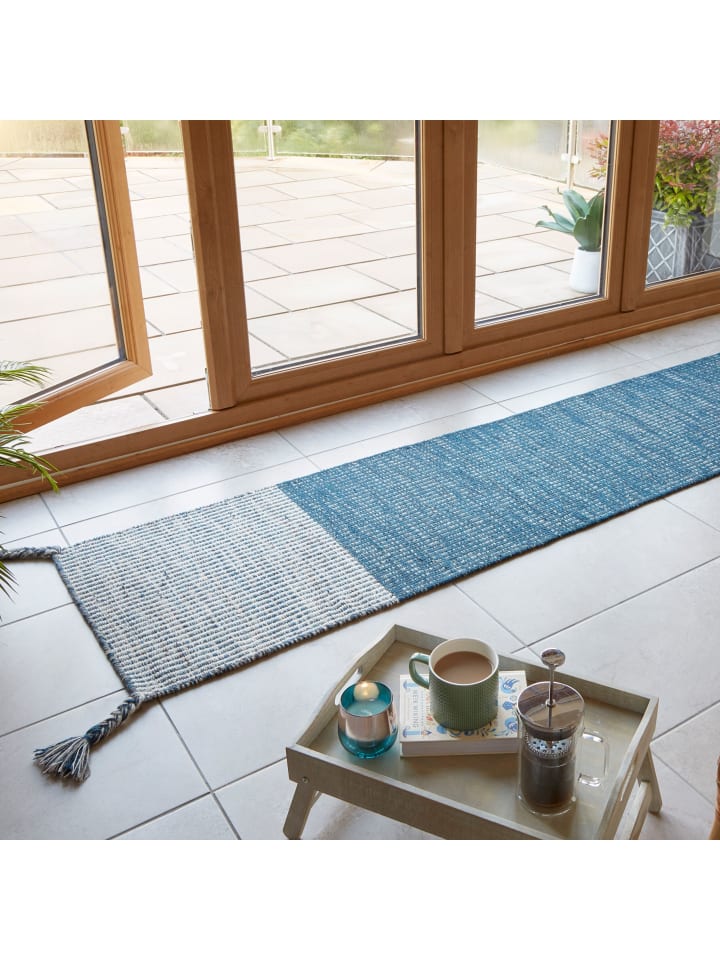 Teppich Wolle Handgewebt BALA Boho Gestreift Wohnzimmer Zweifarbig in Blau